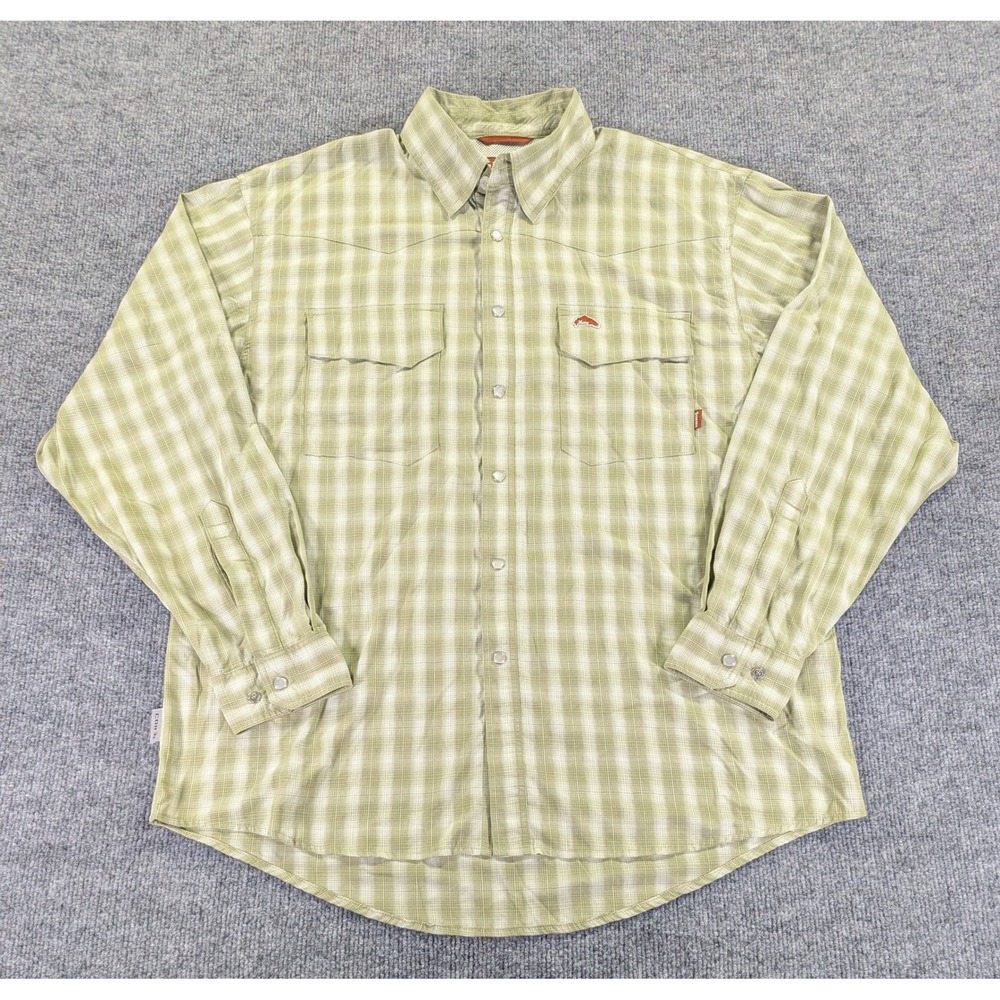 Simms Big Sky Fishing Shirt Mens Medium Green Plaid Pearl Snap Long Sleeve 28042 - Picture 1 of 8
